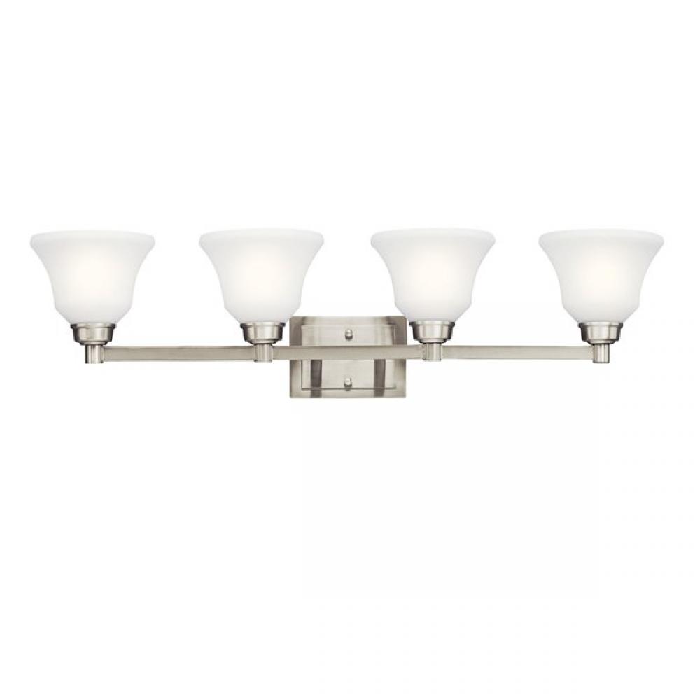 Langford 35" 4 Light Vanity Light with Satin Etched White Glass in Brushed Nickel