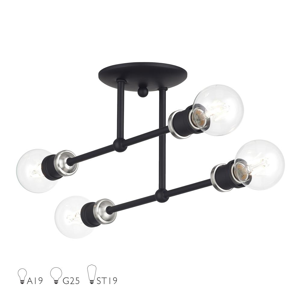 4 Light Black Large Semi-Flush with Brushed Nickel Accents