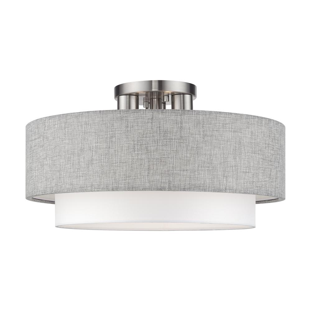 3 Light Brushed Nickel Large Semi-Flush with Hand Crafted Urban Gray & White Fabric Hardback Shades