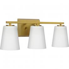  P300463-191 - Vertex Collection Three-Light Brushed Gold Etched White Glass Contemporary Bath Light