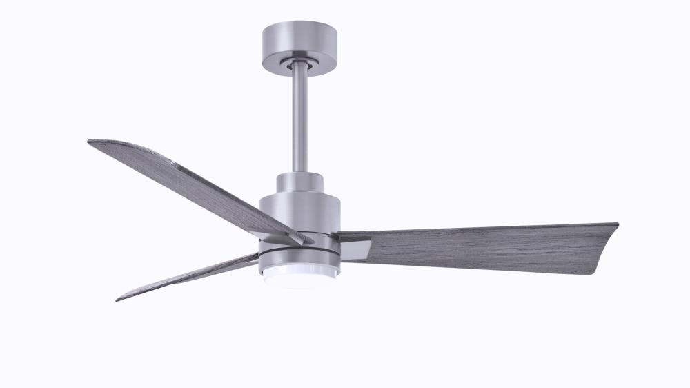 Alessandra 3-blade transitional ceiling fan in brushed nickel finish with Barn Wood blades. Optimi