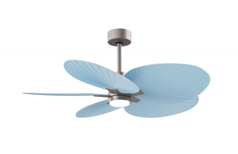 Alessandra Tropical 5-blade ceiling fan in Brushed Nickel and Light Blue blades.