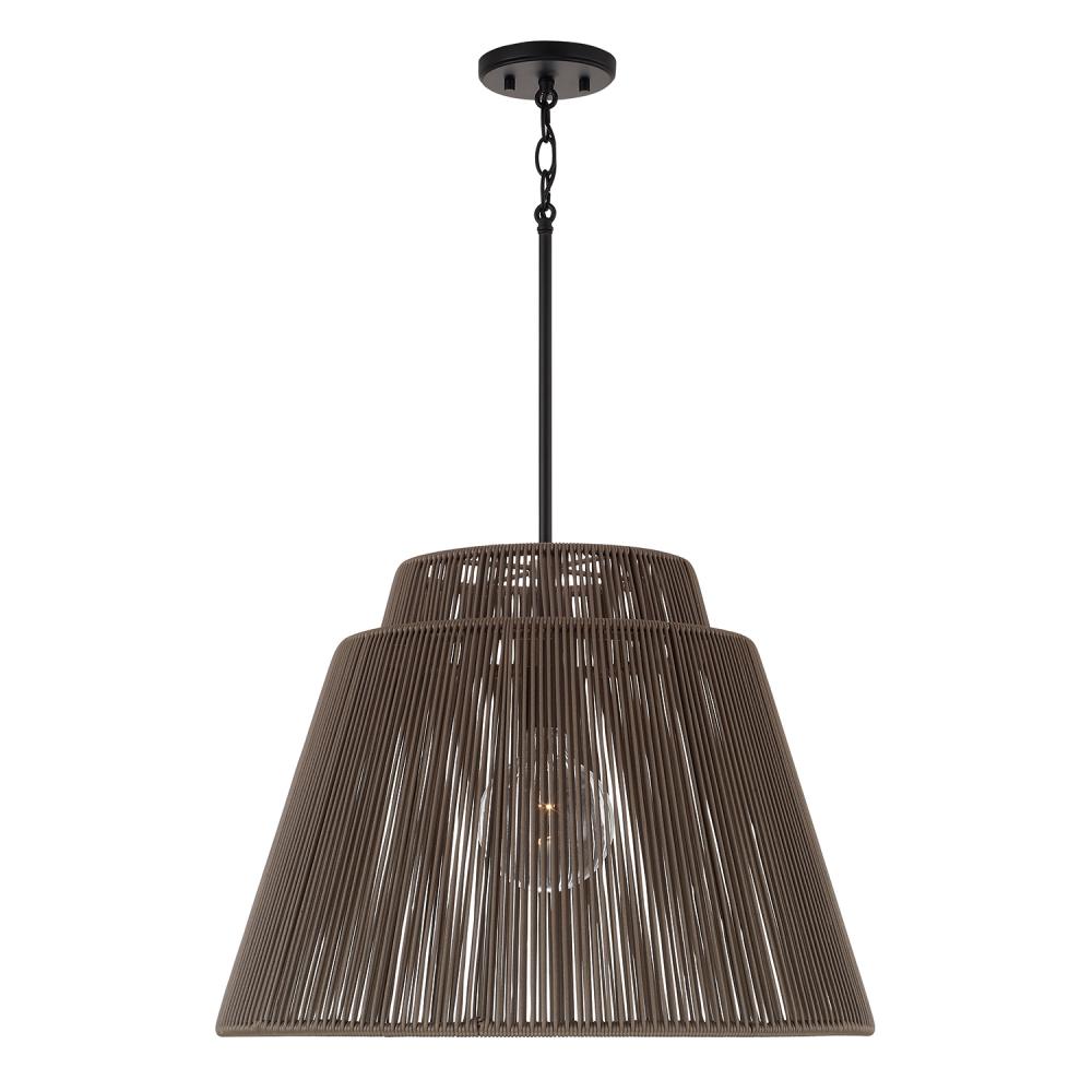 1-Light Indoor Outdoor Pendant in Matte Black and Hand-wrapped Umber Resin Rope