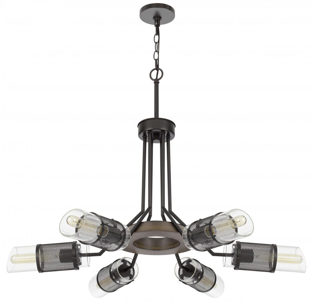 60W x 6 Savona pine wood/metal chandelier with double layer glass/metal mesh shade. (Edison bul