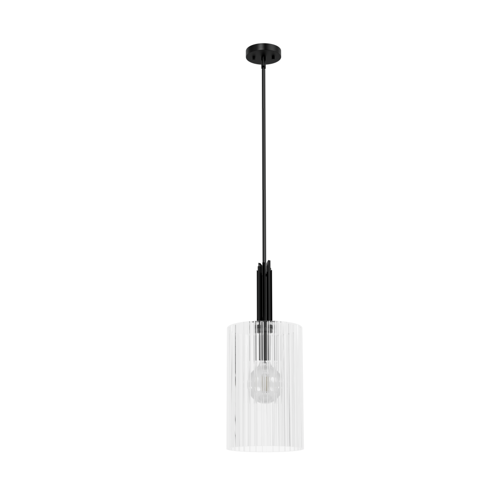 Hunter Gatz Matte Black with Clear Fluted Glass 1 Light Pendant Ceiling Light Fixture