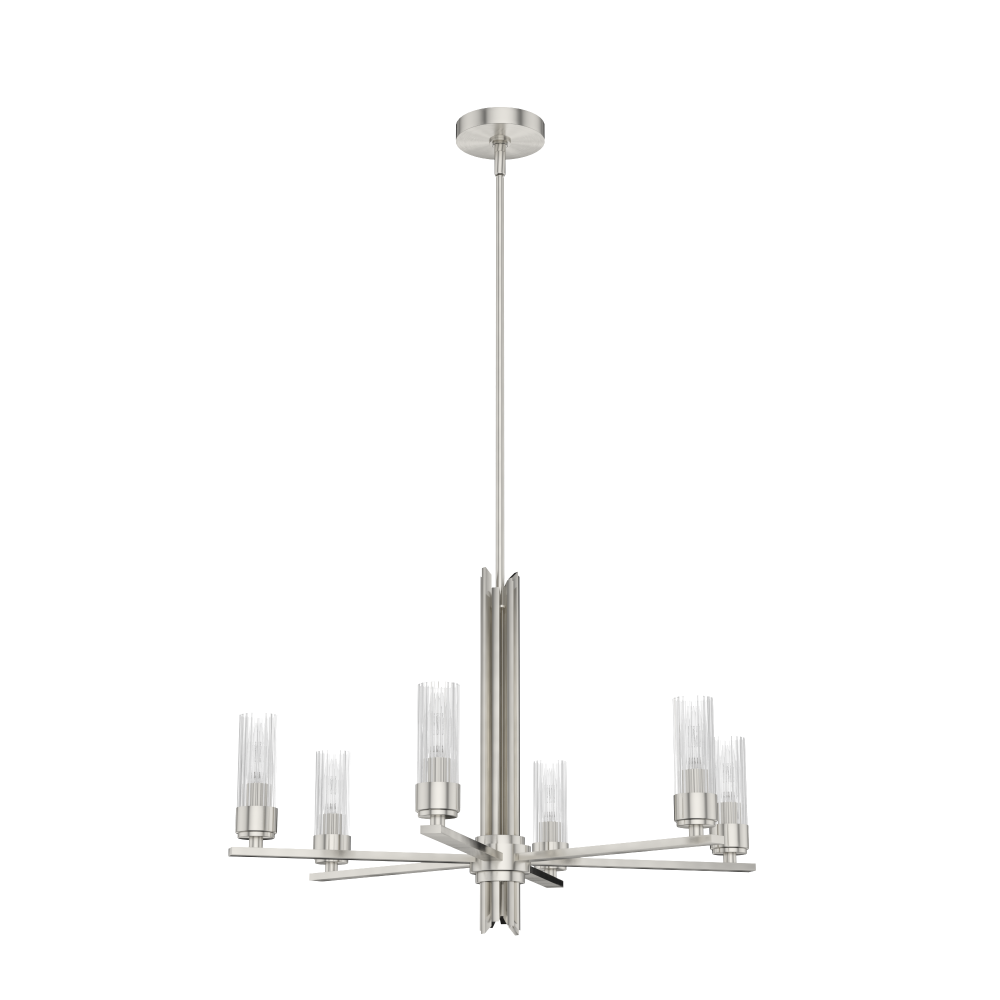 Hunter Gatz Brushed Nickel with Clear Fluted Glass 6 Light Chandelier Ceiling Light Fixture