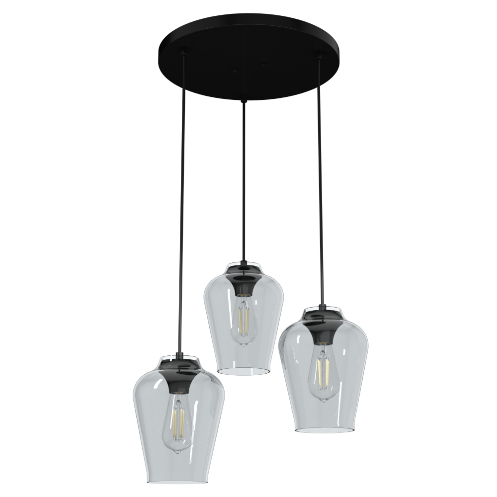 Hunter Vidria Matte Black with Smoked Glass 3 Light Pendant Cluster Ceiling Light Fixture