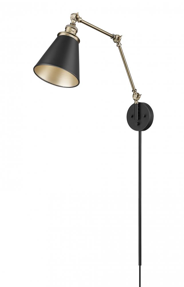 Evonne 1-Light Swing Arm Sconce Light Matte Black/Vintage Brass