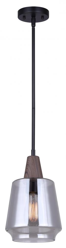 DANTE, IPL2040B01BKW, MBK + Faux Wood, 1 Lt Rod Pendant, Smoked Glass, 60W Type A